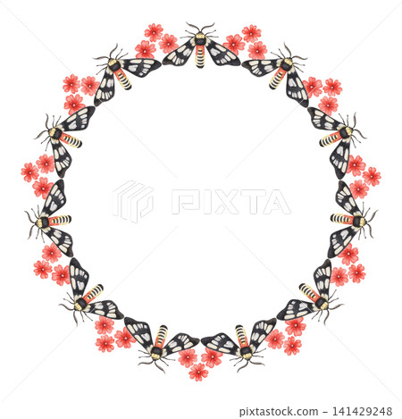 Wasp moth round wreath. Hand drawn watercolor black butterfly insect with scarlet flower around circle copy space. Decorative frame for gardening card design. Tropical botanical isolated template. Wasp moth round wreath. Hand drawn watercolor black butterfly insect with scarlet flower around circle copy space. Decorative frame for gardening card design. Tropical botanical isolated template. 141429248