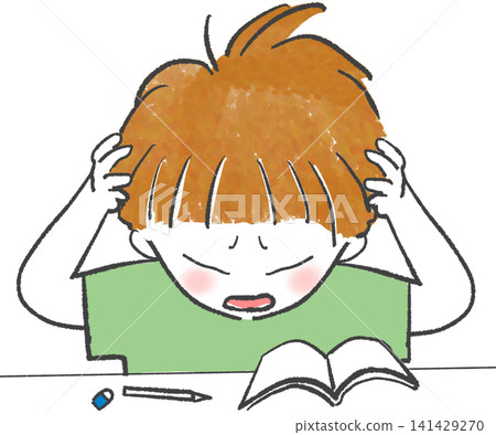 一個男孩雙手抱頭,因為他學不會功課。 一個男孩雙手抱頭,因為他學不會功課。 141429270