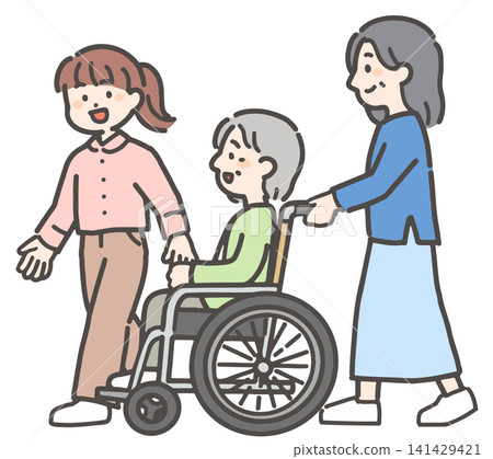 一位坐在輪椅上的老婦人,她的女兒和孫女 一位坐在輪椅上的老婦人,她的女兒和孫女 141429421