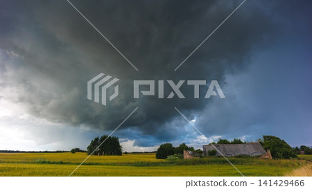 Angry supercell storm influenced by Climate change. Dangerous storm supercell shelf cloud with layers Angry supercell storm influenced by Climate change. Dangerous storm supercell shelf cloud with layers 141429466