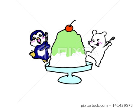 A penguin and a polar bear enjoying a giant shaved ice A penguin and a polar bear enjoying a giant shaved ice 141429573
