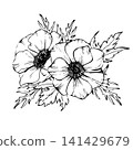 Anemone flower with petals, leaves and detailed center. Hand drawn vector line art with black outlines. Realistic two wildflower for packaging, tattoos and botanical design isolated from background 141429679