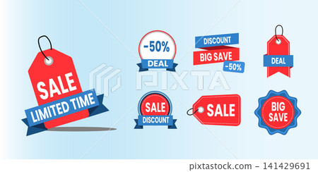 Set of Red and Blue Promotional Sale Tags and Discount Badges Set of Red and Blue Promotional Sale Tags and Discount Badges 141429691