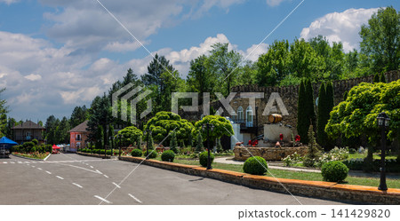 Beautiful panoramic view of Milestii Mici winery courtyard with fountain Beautiful panoramic view of Milestii Mici winery courtyard with fountain 141429820