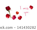 i miss you message card with red rose flowers arrangement flat lay postcard style  141430282