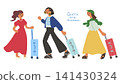 Full-body hand-drawn illustration of three stylish women on a girls' trip. 141430324