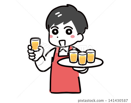A young male staff member (upper body) smiling and wearing a red apron, working in a tasting job. A young male staff member (upper body) smiling and wearing a red apron, working in a tasting job. 141430587