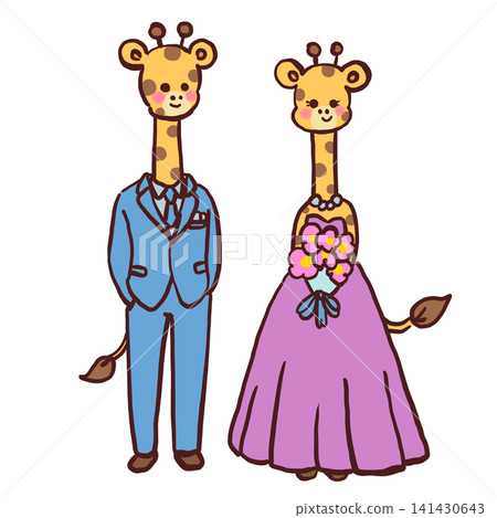 An illustration of a giraffe bride and groom wearing a suit and dress. 141430643