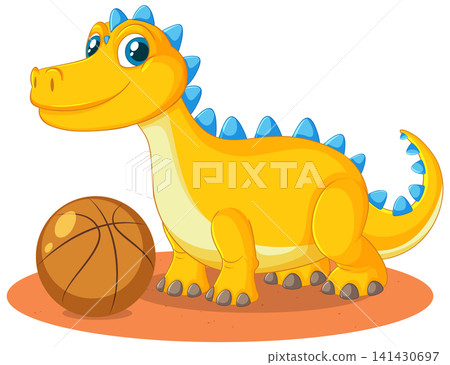 Cute Yellow Cartoon Dinosaur Standing Next to a Basketball Cute Yellow Cartoon Dinosaur Standing Next to a Basketball 141430697