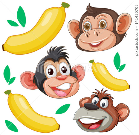 Cartoon Monkey Faces and Yellow Bananas Seamless Vector Pattern Elements Cartoon Monkey Faces and Yellow Bananas Seamless Vector Pattern Elements 141430703