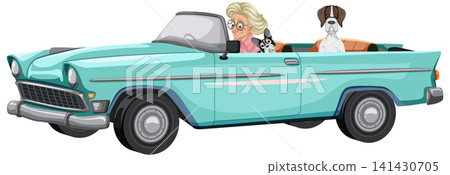 Woman Driving Classic Convertible With Two Dogs Woman Driving Classic Convertible With Two Dogs 141430705