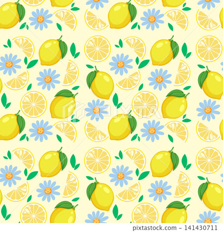 Seamless Vector Pattern with Yellow Lemons and Blue Flowers Seamless Vector Pattern with Yellow Lemons and Blue Flowers 141430711