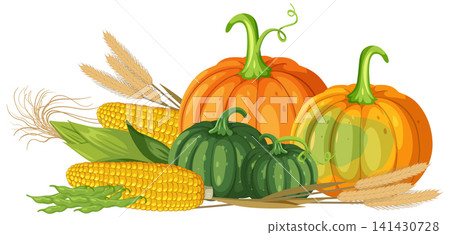 Autumn Harvest Vector Illustration with Pumpkins Corn and Wheat Autumn Harvest Vector Illustration with Pumpkins Corn and Wheat 141430728