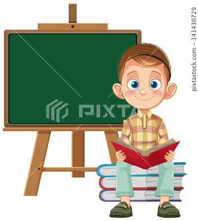 Young Student Reading Book Sitting on Stack Beside Blank Classroom Chalkboard Young Student Reading Book Sitting on Stack Beside Blank Classroom Chalkboard 141430729