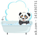Cartoon Giant Panda Taking a Bubble Bath in a White Tub 141430731