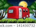 Red Camper Trailer Under Full Moon in Forest Clearing 141430732