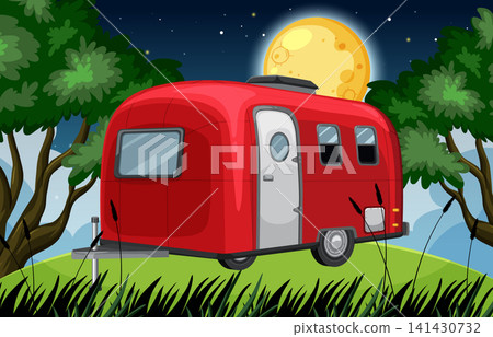 Red Camper Trailer Under Full Moon in Forest Clearing Red Camper Trailer Under Full Moon in Forest Clearing 141430732