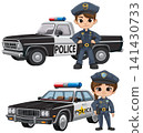 Cartoon Police Officers Standing Beside Patrol Cars 141430733