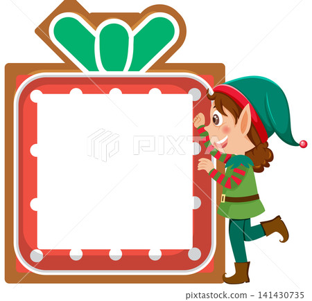 Cartoon Christmas Elf Standing Next to Blank Gift Box Frame Cartoon Christmas Elf Standing Next to Blank Gift Box Frame 141430735