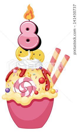 Birthday Ice Cream Sundae With Number Eight Candle 141430737