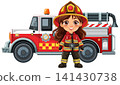 Female Firefighter Standing in Front of Fire Truck Illustration 141430738
