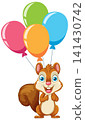 Cute Cartoon Squirrel Holding Colorful Helium Balloons on White Background 141430742