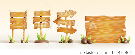 Wood road sign posts 3d set, cartoon forest boards with grass and stones for game UI. Wooden signboard pointers on pole, direction arrows, rustic planks for summer adventure banners. 3D illustration Wood road sign posts 3d set, cartoon forest boards with grass and stones for game UI. Wooden signboard pointers on pole, direction arrows, rustic planks for summer adventure banners. 3D illustration 141431465
