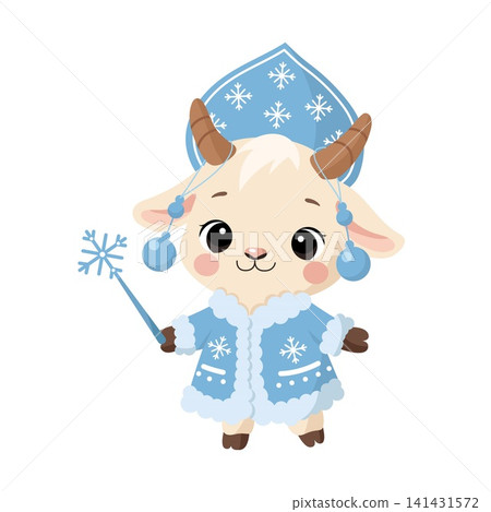 Cute baby goat in blue snow maiden costume and kokoshnik holding snowflake magic wand vector 141431572