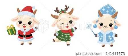 Cute Christmas goats vector set in winter festive costumes and Santa hat isolated on white 141431573