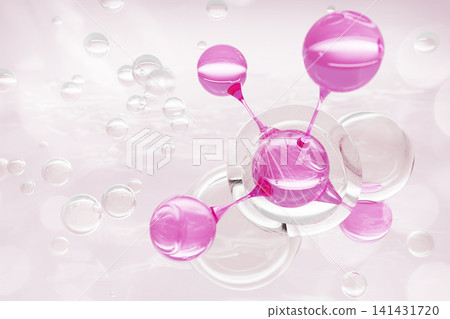 Pink molecule floating in rose water with clear liquid bubbles. Cosmetic lab 3d background, science beauty skincare. PDRN peptide salmon DNA serum drops with glycerin, hyaluronic acid. 3D illustration Pink molecule floating in rose water with clear liquid bubbles. Cosmetic lab 3d background, science beauty skincare. PDRN peptide salmon DNA serum drops with glycerin, hyaluronic acid. 3D illustration 141431720