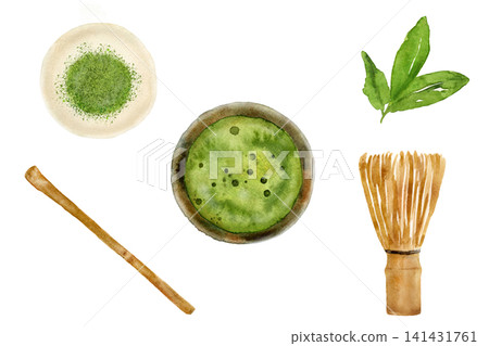 A set of hand-drawn watercolor illustrations of matcha and tea ceremony utensils (tea bowl, whisk, tea scoop, powdered tea). A set of hand-drawn watercolor illustrations of matcha and tea ceremony utensils (tea bowl, whisk, tea scoop, powdered tea). 141431761