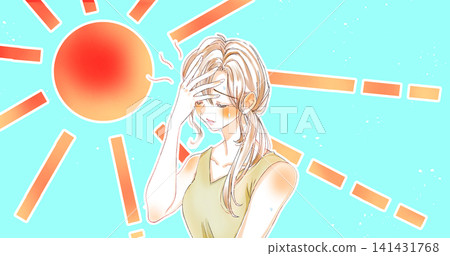 A woman in a tank top looks hot, drenched in sweat, with her hands on her head, facing the sun. A woman in a tank top looks hot, drenched in sweat, with her hands on her head, facing the sun. 141431768