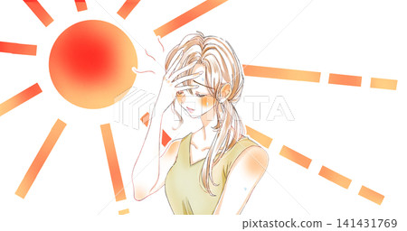 A woman in a tank top looks hot, drenched in sweat, with her hands on her head, facing the sun. A woman in a tank top looks hot, drenched in sweat, with her hands on her head, facing the sun. 141431769