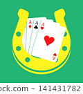 Highest combination of playing cards combined with the golden symbol of luck, golden horseshoe. Simple flat vector isolated on green background 141431782
