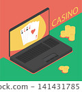 Isometric laptop standing on a table with gold gaming chips and an open online casino website. Cartoon 3D vector on green red background 141431785