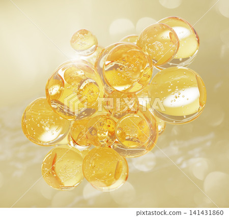 Golden transparent liquid bubbles floating on soft shimmering background. Gold collagen oil drops, luxury beauty serum, anti-aging skincare essence. Yellow water, honey, syrup blobs. 3D illustration Golden transparent liquid bubbles floating on soft shimmering background. Gold collagen oil drops, luxury beauty serum, anti-aging skincare essence. Yellow water, honey, syrup blobs. 3D illustration 141431860