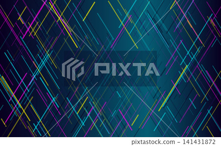 A digital technology-inspired abstract graphic background with intersecting neon-colored diagonal lines against a dark blue background. A digital technology-inspired abstract graphic background with intersecting neon-colored diagonal lines against a dark blue background. 141431872