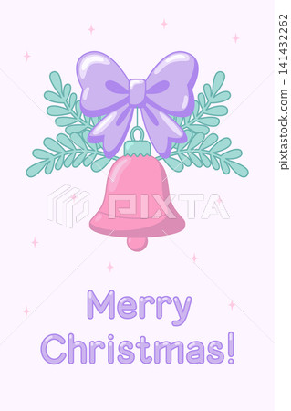 Cute Christmas holiday flat vector illustration with pink bell, purple bow ribbon, mint evergreen branches, and sparkles, cozy winter typography graphic for festive cards Cute Christmas holiday flat vector illustration with pink bell, purple bow ribbon, mint evergreen branches, and sparkles, cozy winter typography graphic for festive cards 141432262