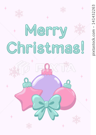 Merry Christmas typography flat vector illustration with colorful baubles, star ornament, and mint ribbon bow for seasonal holiday greeting cards, digital marketing, and social media Merry Christmas typography flat vector illustration with colorful baubles, star ornament, and mint ribbon bow for seasonal holiday greeting cards, digital marketing, and social media 141432263