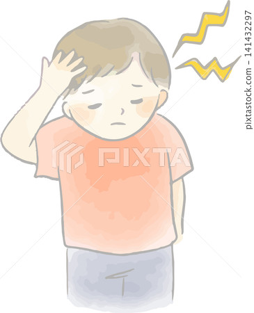 一個男孩因頭痛和發燒而摀著頭;圖示疾病、化學過敏和感染的症狀。 一個男孩因頭痛和發燒而摀著頭;圖示疾病、化學過敏和感染的症狀。 141432297