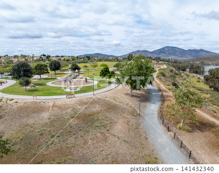 Aerial view Otay Lakes County Park in Chula Vista, California, a scenic view of a mountain range 141432340