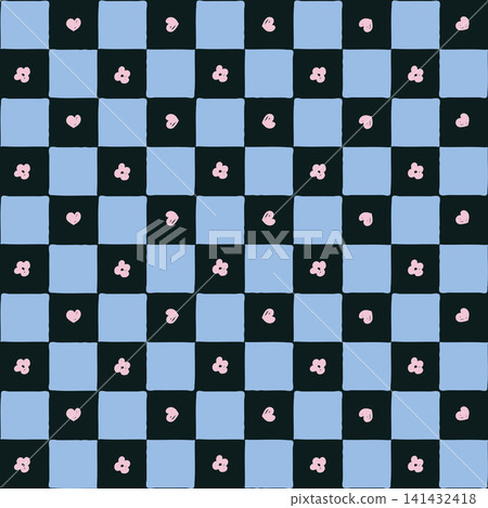 Seamless hand drawn blue and black checkerboard pattern with cute pink hearts and flowers. Vector grid checkered background for Y2K aesthetic fabric textile, phone case, trendy wallpaper design. Seamless hand drawn blue and black checkerboard pattern with cute pink hearts and flowers. Vector grid checkered background for Y2K aesthetic fabric textile, phone case, trendy wallpaper design. 141432418