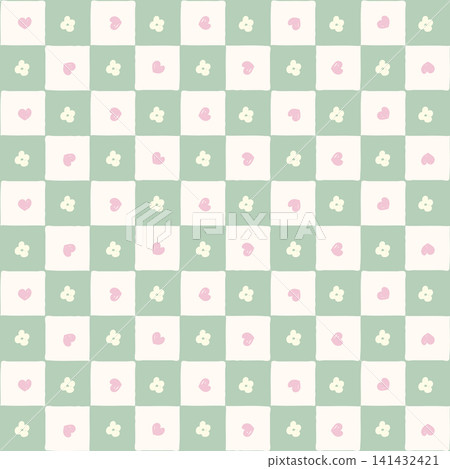 Cute pastel sage green checkerboard seamless pattern with hand drawn pink hearts and white flowers doodles vector illustration background for textile fabric wallpaper wrapping paper wrapping Cute pastel sage green checkerboard seamless pattern with hand drawn pink hearts and white flowers doodles vector illustration background for textile fabric wallpaper wrapping paper wrapping 141432421
