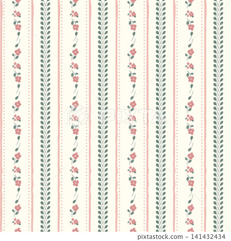 Cute floral seamless pattern background with vertical stripes, green leaf vines, tiny pink flowers on cream backdrop. Shabby chic hand drawn wallpaper, vintage cottagecore fabric wrapping paper. Cute floral seamless pattern background with vertical stripes, green leaf vines, tiny pink flowers on cream backdrop. Shabby chic hand drawn wallpaper, vintage cottagecore fabric wrapping paper. 141432434
