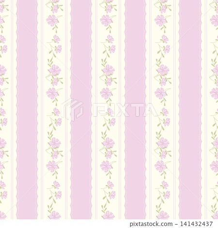 Cute floral seamless pattern background with pink and white vertical stripes. Elegant hand drawn flowers, french country aesthetic wallpaper, vintage cottagecore fabric, wrapping paper design. 141432437