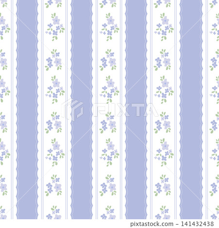 Cute floral seamless pattern background with purple and white vertical stripes. Hand drawn lavender violet flower bouquet, vintage cottagecore wallpaper, french country fabric wrapping paper. Cute floral seamless pattern background with purple and white vertical stripes. Hand drawn lavender violet flower bouquet, vintage cottagecore wallpaper, french country fabric wrapping paper. 141432438