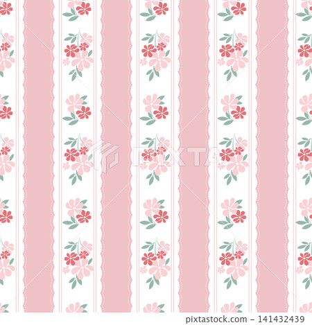 Cute floral seamless pattern background with pink and white vertical stripes. Hand drawn rose flowers bouquet, vintage cottagecore wallpaper, french country fabric wrapping paper design. Cute floral seamless pattern background with pink and white vertical stripes. Hand drawn rose flowers bouquet, vintage cottagecore wallpaper, french country fabric wrapping paper design. 141432439