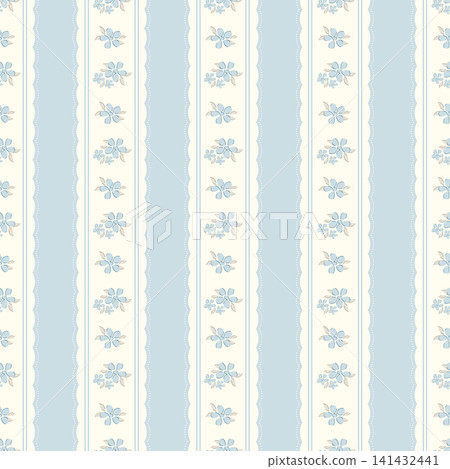 Cute floral seamless pattern background with blue and white vertical stripes. Hand drawn flower bouquet, vintage cottagecore wallpaper, french country fabric wrapping paper design. 141432441