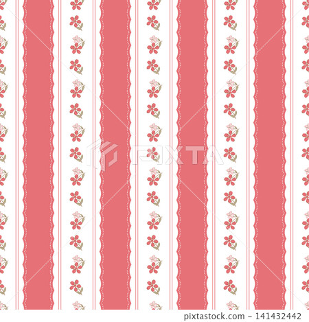 Cute floral seamless pattern background with pink coral and white vertical stripes. Elegant hand drawn flowers, french country aesthetic wallpaper, vintage cottagecore fabric, wrapping paper. Cute floral seamless pattern background with pink coral and white vertical stripes. Elegant hand drawn flowers, french country aesthetic wallpaper, vintage cottagecore fabric, wrapping paper. 141432442