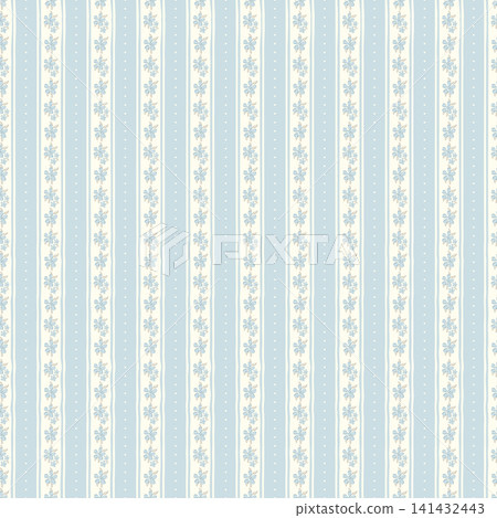 Cute floral seamless pattern background with fine blue and white vertical stripes. Tiny hand drawn flowers, french country aesthetic wallpaper, vintage cottagecore fabric wrapping paper design. Cute floral seamless pattern background with fine blue and white vertical stripes. Tiny hand drawn flowers, french country aesthetic wallpaper, vintage cottagecore fabric wrapping paper design. 141432443